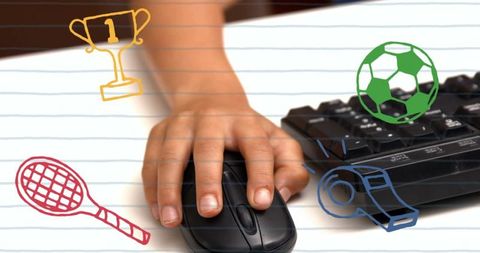 Student Utilizing Computer with Sports Icons Overlay for Education - Download Free Stock Images Pikwizard.com