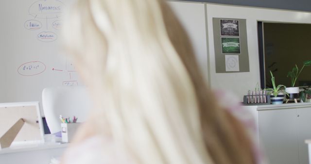 Person in foreground is out of focus, highlighting modern office details. Whiteboard with diagrams and plants indicate a workspace focused on organization and productivity. Ideal for articles or content related to office environments, workplace organization, or creative spaces.