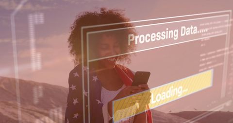 Overlay of Data Processing on Woman Using Smartphone