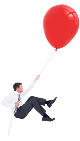 Joyful businessman happily floating with red balloon on transparent background