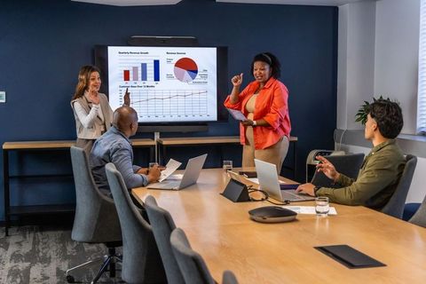 Executive presenting quarterly revenue and growth charts to diverse team in boardroom