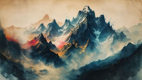 Ethereal majestic peaks in misty horizon