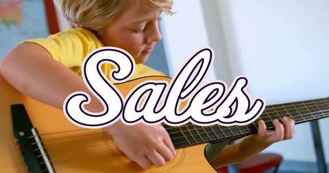 Youth Enjoying Guitar with Sales Promotion Overlay