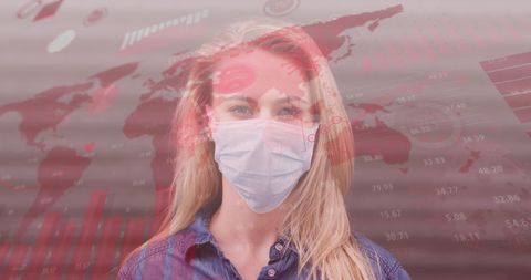 woman with face mask overlaid with world map and data charts - Download Free Stock Images Pikwizard.com
