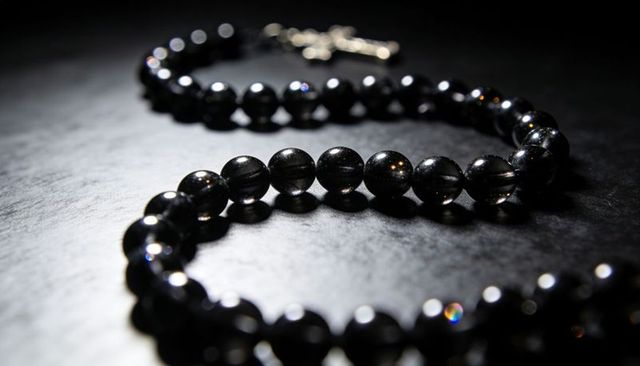 Glossy black obsidian bead rosary curving on dark surface with reflective cross clasp
