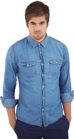 Confident Man in Denim Shirt Standing with Hands in Pockets Transparent