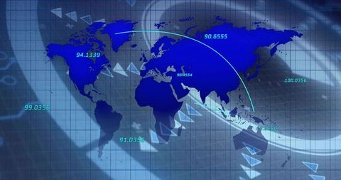 Global Data Flow Visualization with Neon Trajectory and Analytics Grid Dashboard World Map