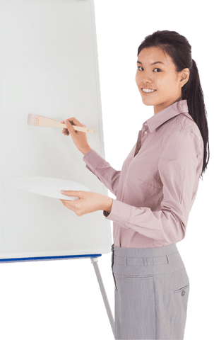 Businesswoman Painting on Easel with Positive Expression, Transparent Background