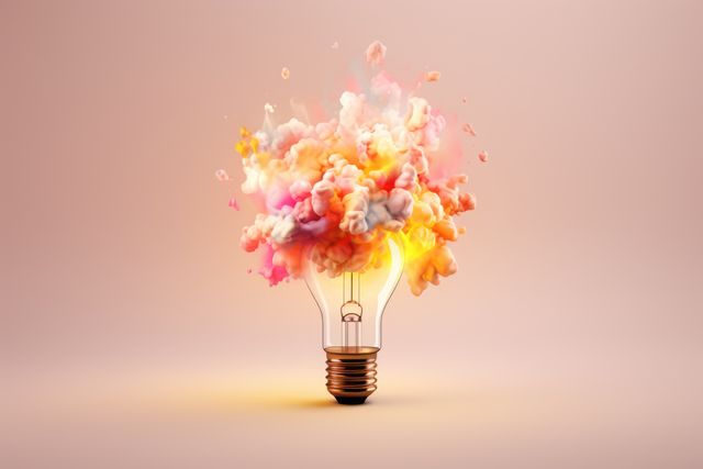 Vivid conceptual image featuring a light bulb exploding with multicolored smoke, symbolizing creativity and innovation. Ideal for use in creative projects, advertising, educational materials, innovation workshops, art and design, motivational presentations, and brainstorming sessions.