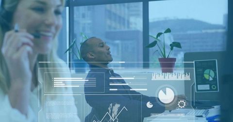Analyst reviewing financial dashboards with digital overlay in modern office workspace