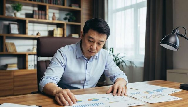Focused professional reviewing financial charts at wooden desk in modern home office