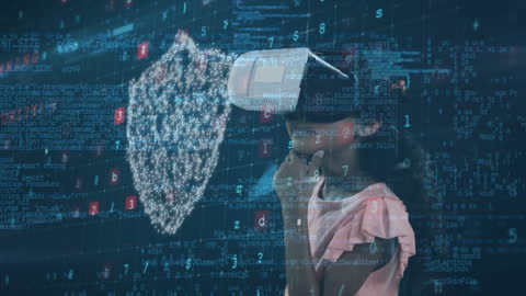 Girl with VR Headset Experiencing Digital Data Visualization