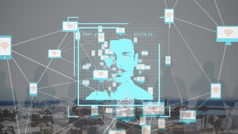 Tech-Focused Digital Interface with Cityscape Background