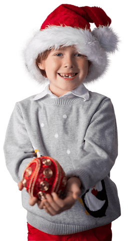 Smiling Boy Holding Christmas Ornament on Transparent Background