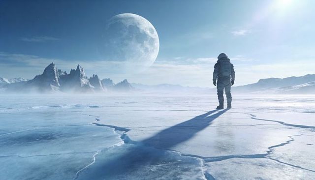 Astronaut standing on frozen alien plain facing giant moon, casting long shadow