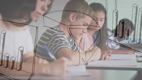 Children in Classroom with Digital Overlay and Masks
