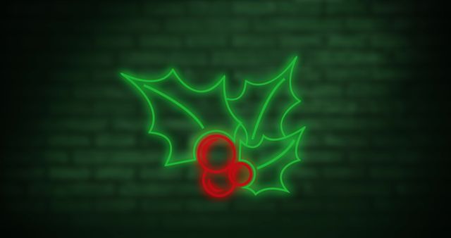 Neon Holly Leaves on Green Brick Wall for Christmas Celebration - Download Free Stock Images Pikwizard.com