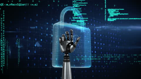 Futuristic Bionic Hand with Digital Padlock in Cybersecurity Concept