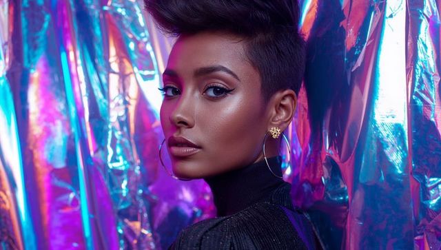 Stylized portrait in neon lighting with foil background