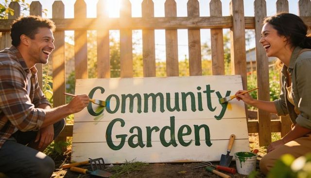 Volunteers painting community garden sign at urban plot during golden hour teamwork