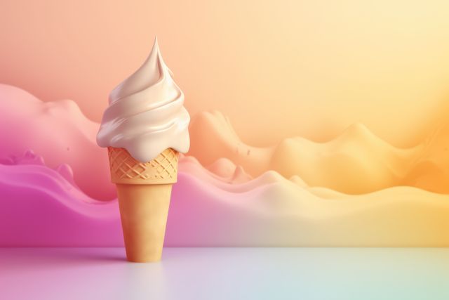 Soft serve ice cream cone is shown against a dreamy pastel gradient backdrop. Use for advertisements promoting ice cream parlors, dessert menu illustrations, summer catalogs or social media posts aiming to create a relaxing and nostalgic ambiance.
