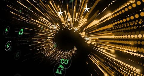 Golden vortex data tunnel radiating neon euro and co2 icons for finance and sustainability