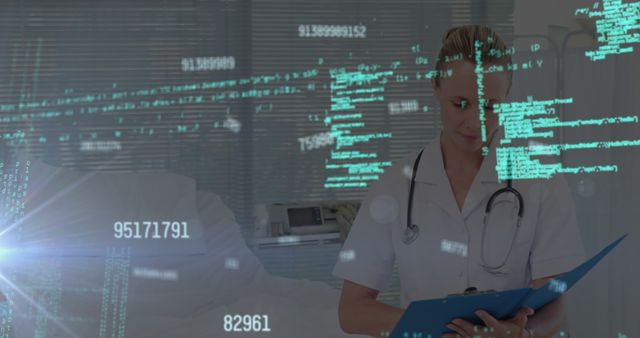 Healthcare professional reading data inscribed within digital overlay environment. Ideal for representing technology integration in medical fields, innovative healthcare solutions, medical data analysis, or futuristic healthcare services.