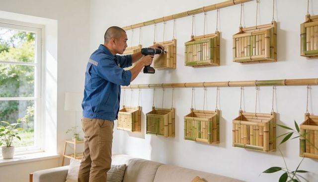 Asian handyman installing bamboo wall planters in minimal living room using cordless drill