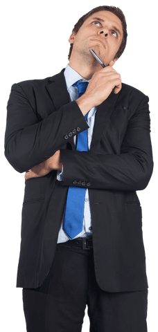 Thoughtful Businessman in Suit with Pen Thinking Transparent Background
