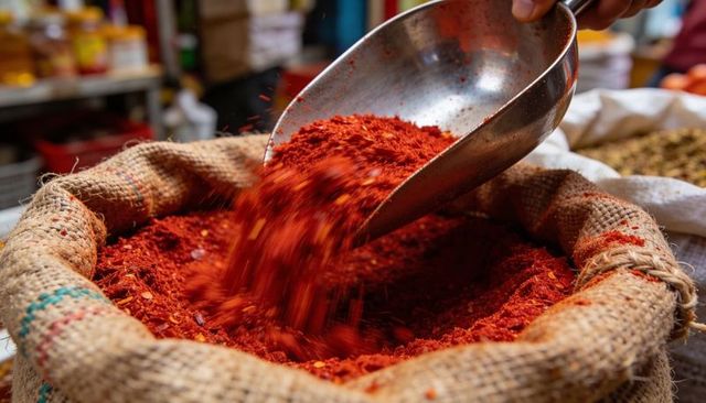 Closeup scoop pouring crushed red chili flakes from burlap sack at busy market spice stall