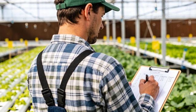 Greenhouse grower inspecting hydroponic lettuce and noting crop data on clipboard