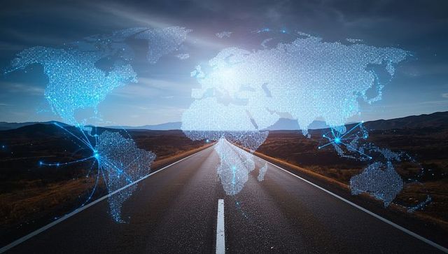 Futuristic World Map Overlay on Open Highway at Twilight