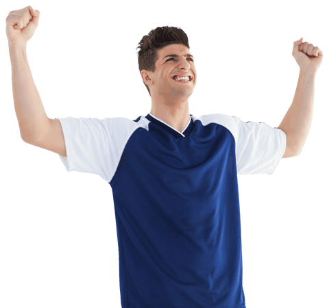 Elated sportsman celebrating with raised arms in transparent background