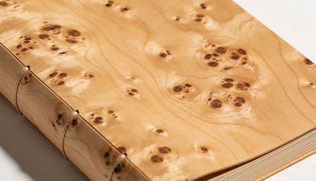 Hand-sewn burl wood veneer journal with exposed stitching and lacquered grain