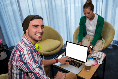 Caucasian Couple Using Laptop at Home on Transparent Background