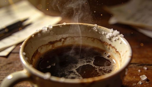 Steaming rustic coffee mug with sugar crystal rim on worn wood table, cozy morning