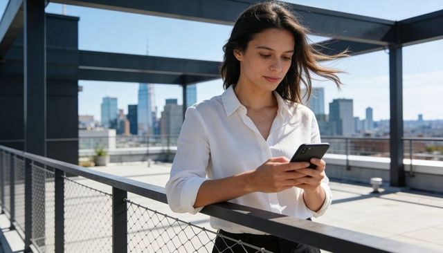 Young professional checking smartphone on rooftop terrace with modern city skyline
