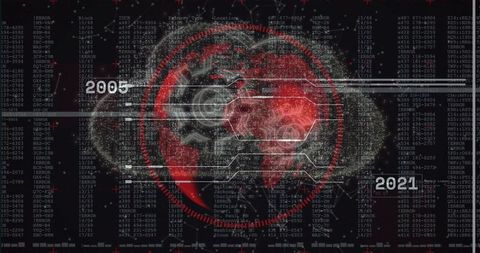 Futuristic digital globe with data analytics and code interface 2005-2021