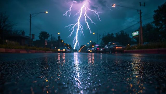 Powerful Lightning Bolt on Rain-Soaked City Street at Night