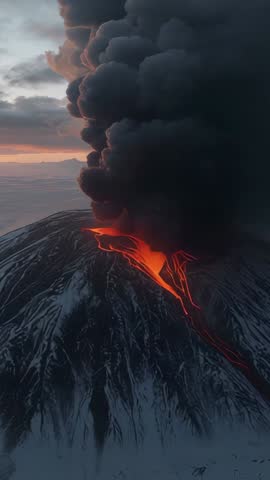 Vertical video of lava oozing from summit vent, carving glowing channel down dusk slopes