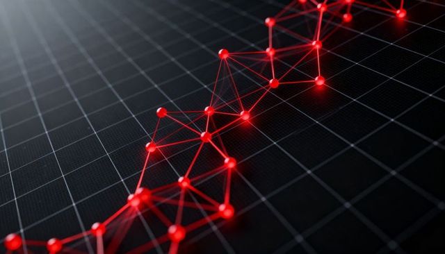 Glowing red neural network nodes mapping diagonal data flow over dark grid matrix futuristic tech