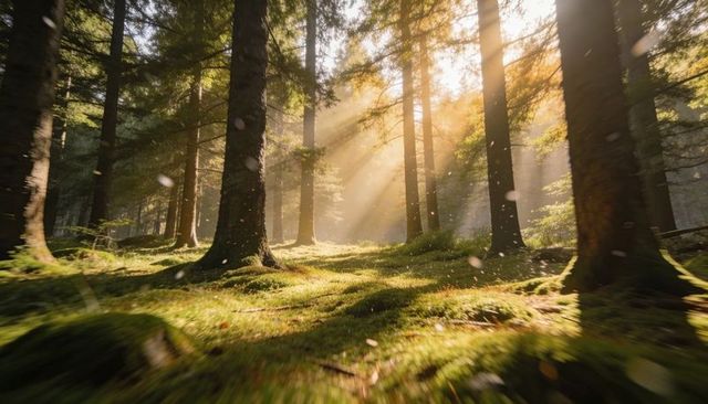 Sunbeams Streaming Through Conifer Forest Lighting Mossy Floor at Golden Dawn, Floating Particles