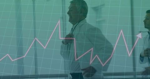 Doctors walking through hospital corridor with analytics overlay showing rising graph