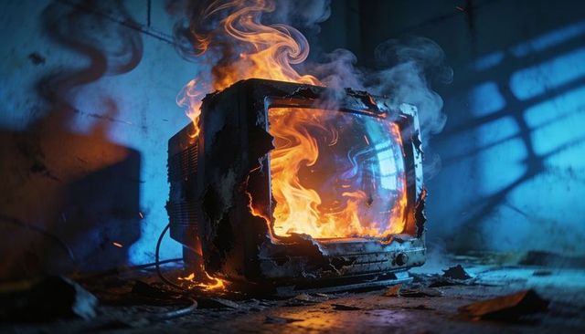 Burning vintage crt television emitting flames and smoke in derelict industrial room