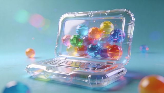 Inflatable laptop displaying floating holographic data spheres and glowing circuit patterns