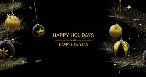Black and Gold Holiday Greeting with Ornaments and Stars