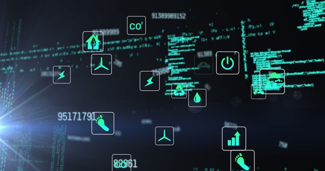 Image of multiple icons with changing numbers over computer language on black background. Digitally generated, hologram, illustration, growth, progress, coding and technology concept.