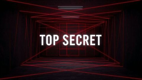 Top secret neon tunnel featuring red laser grid, bold white typography and dramatic depth