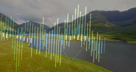 Vibrant data visualization overlay on scenic lakeside valley