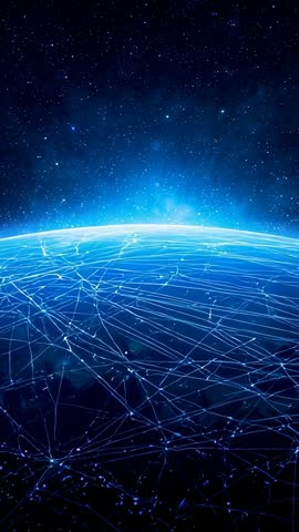 Earth horizon revealing glowing digital network lines connecting global nodes in vertical video